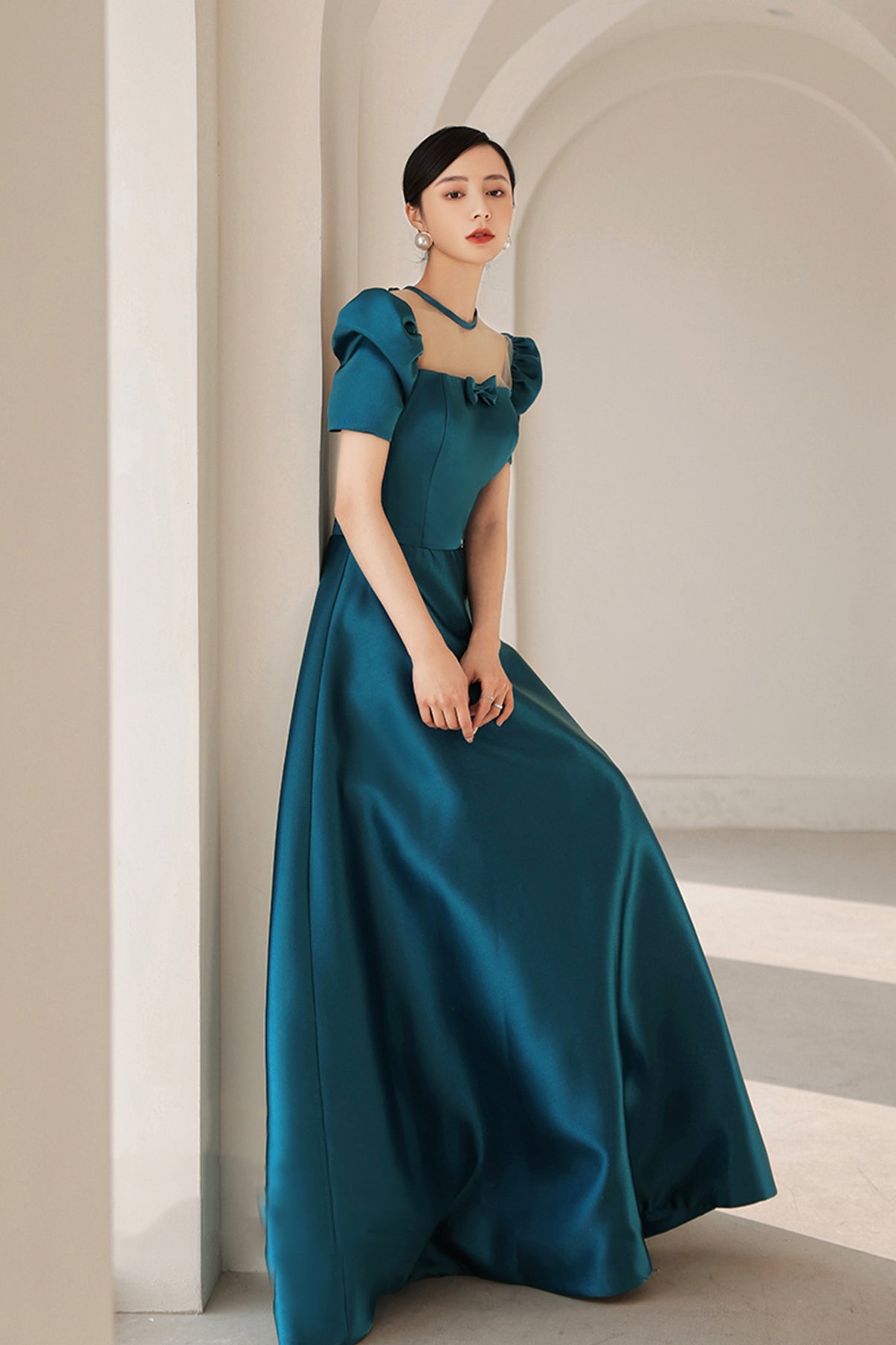 Blue satin long A line prom dress blue evening dress  8784