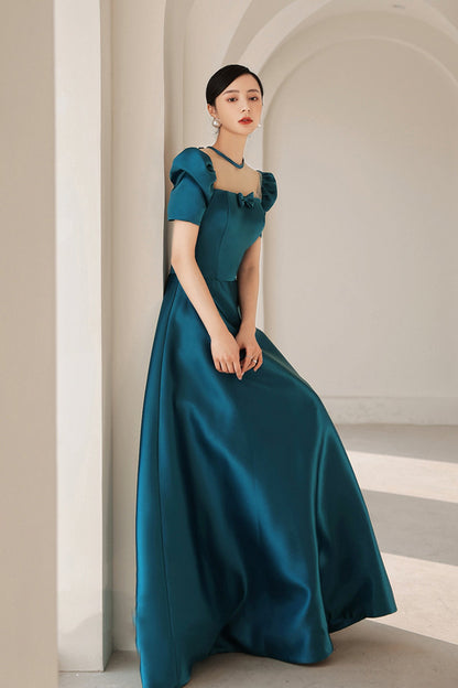 Blue satin long A line prom dress blue evening dress  8784