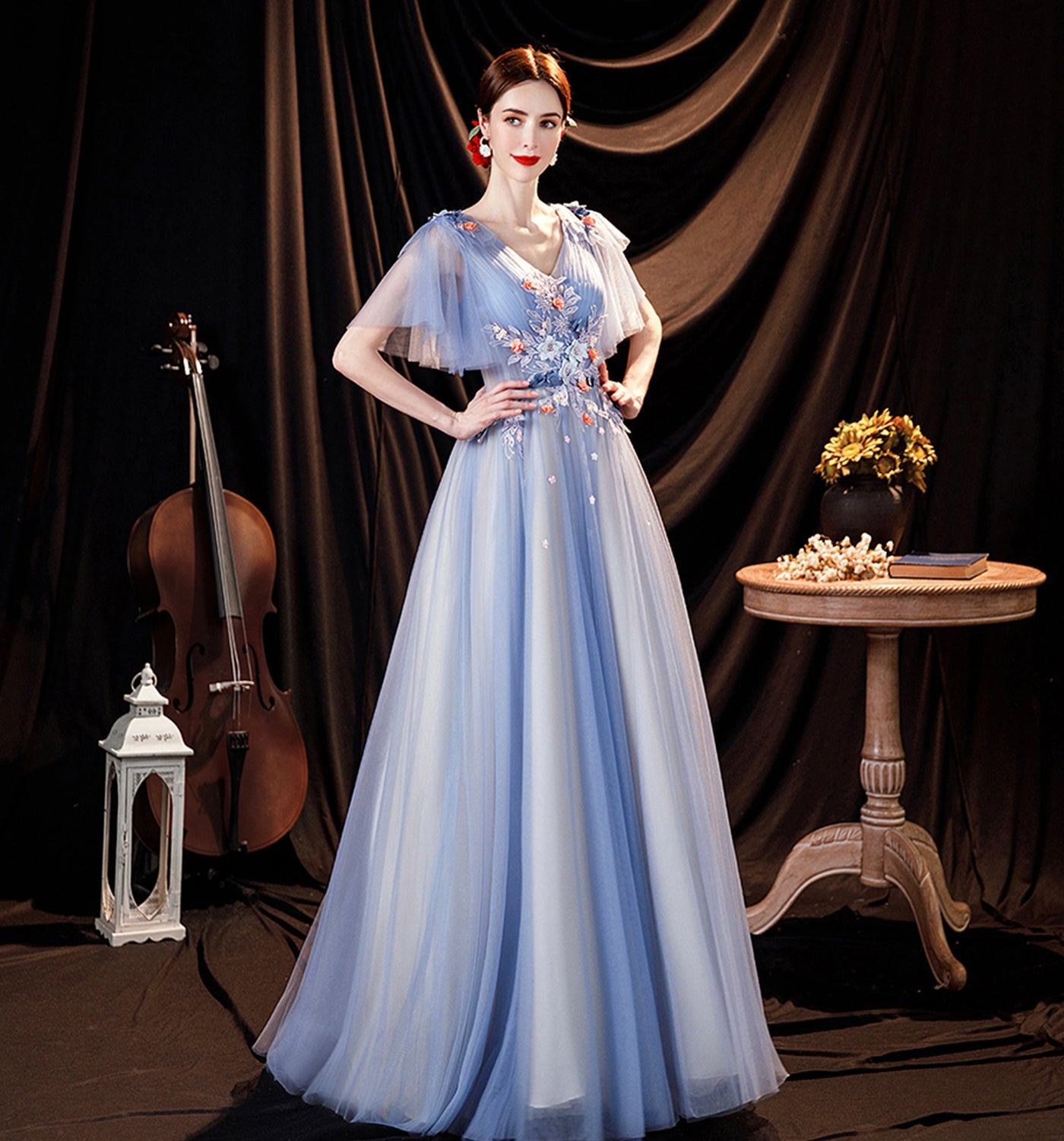 Blue tulle lace long prom dress A line evening gown  10056