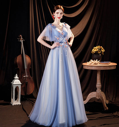 Blue tulle lace long prom dress A line evening gown  10056