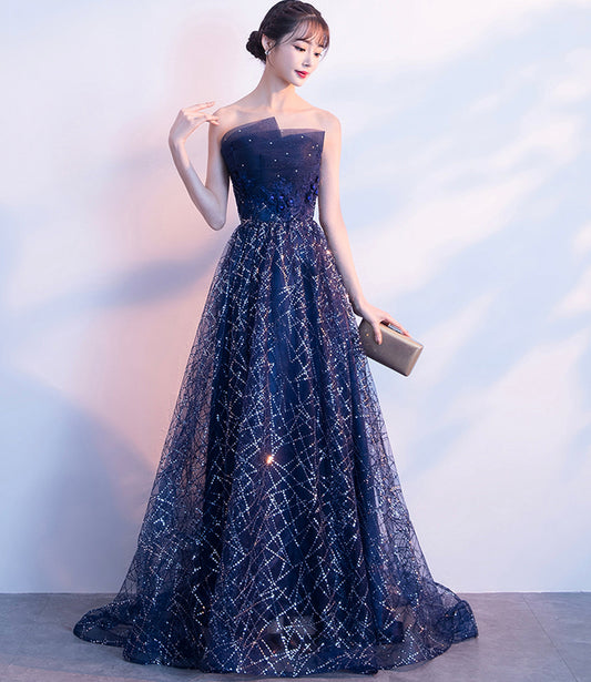 Blue tulle sequins long prom dress A line evening gown  10027