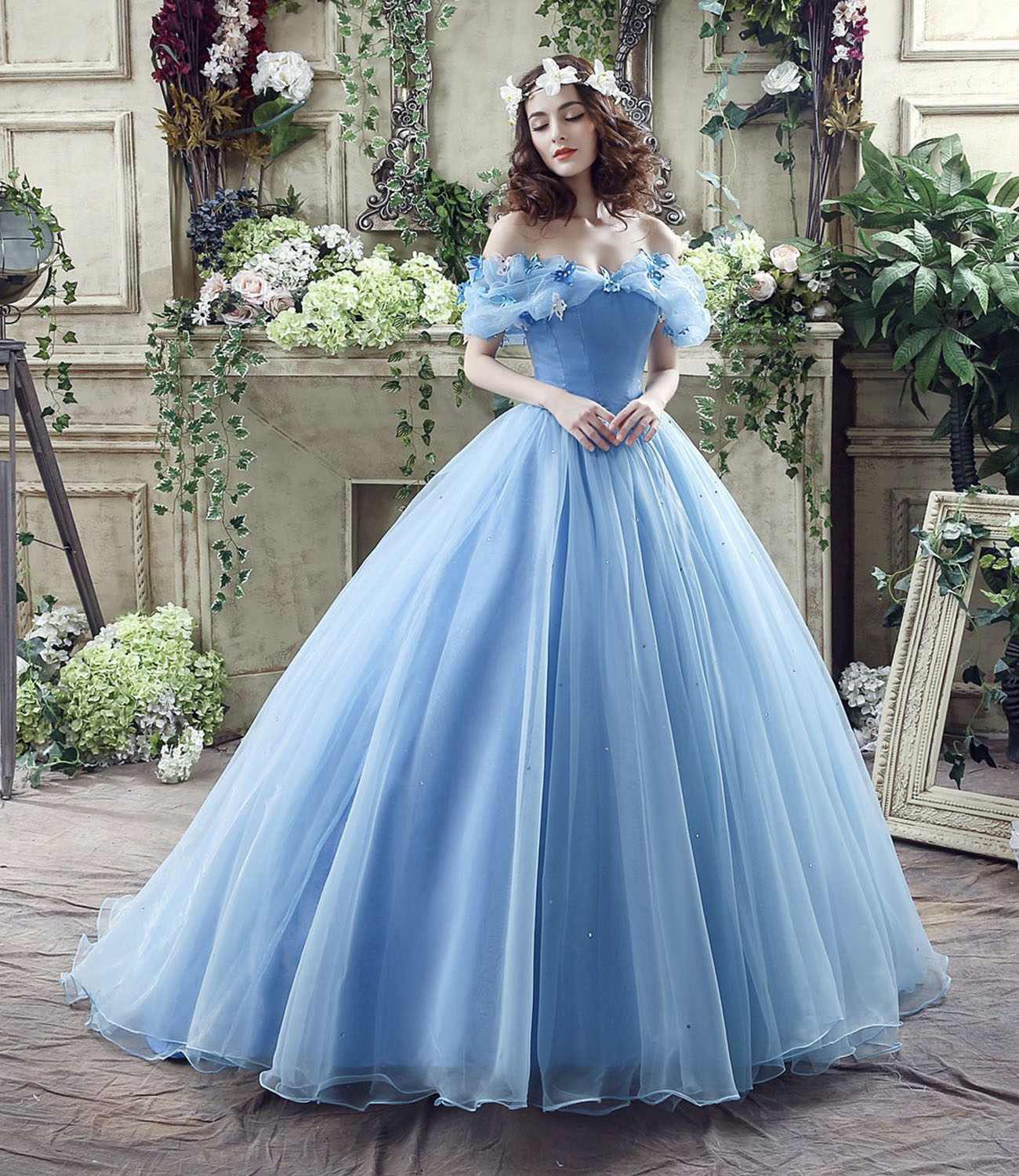 Blue tulle long A line prom dress evening gown  10185