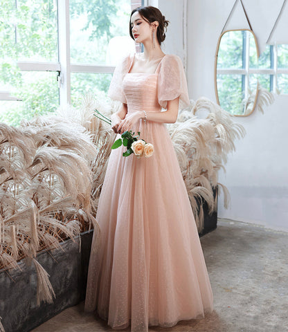 Pink tulle long A line prom dress pink evening gown  8943