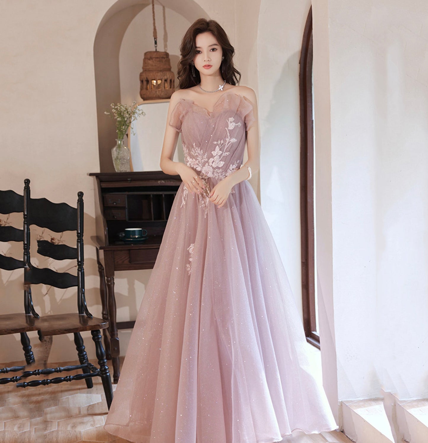 Pink tulle lace long A line prom dress evening gown  8952
