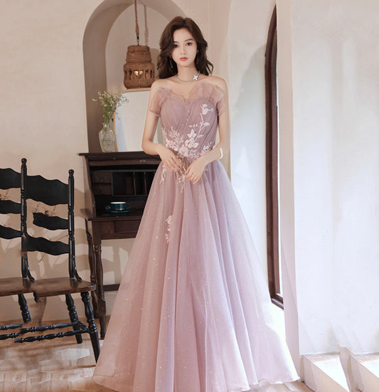 Pink tulle lace long A line prom dress evening gown  8952