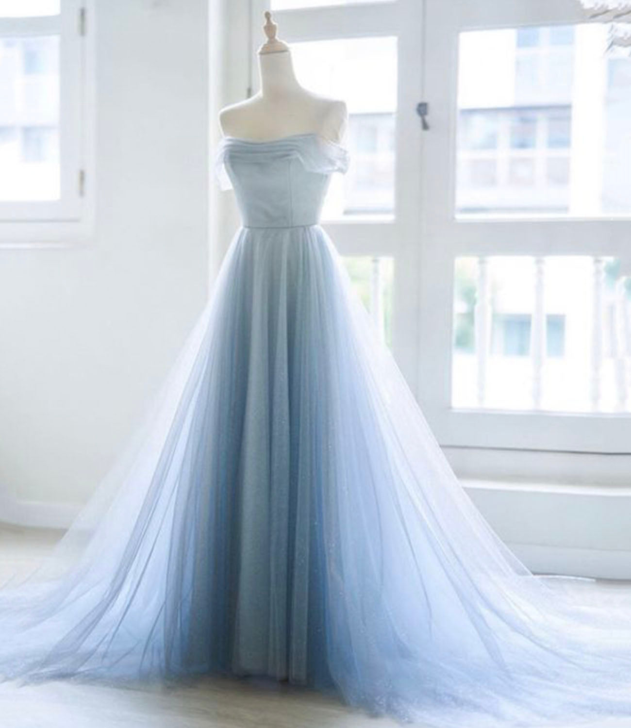 Blue tulle long A line prom dress blue evening dress  10592