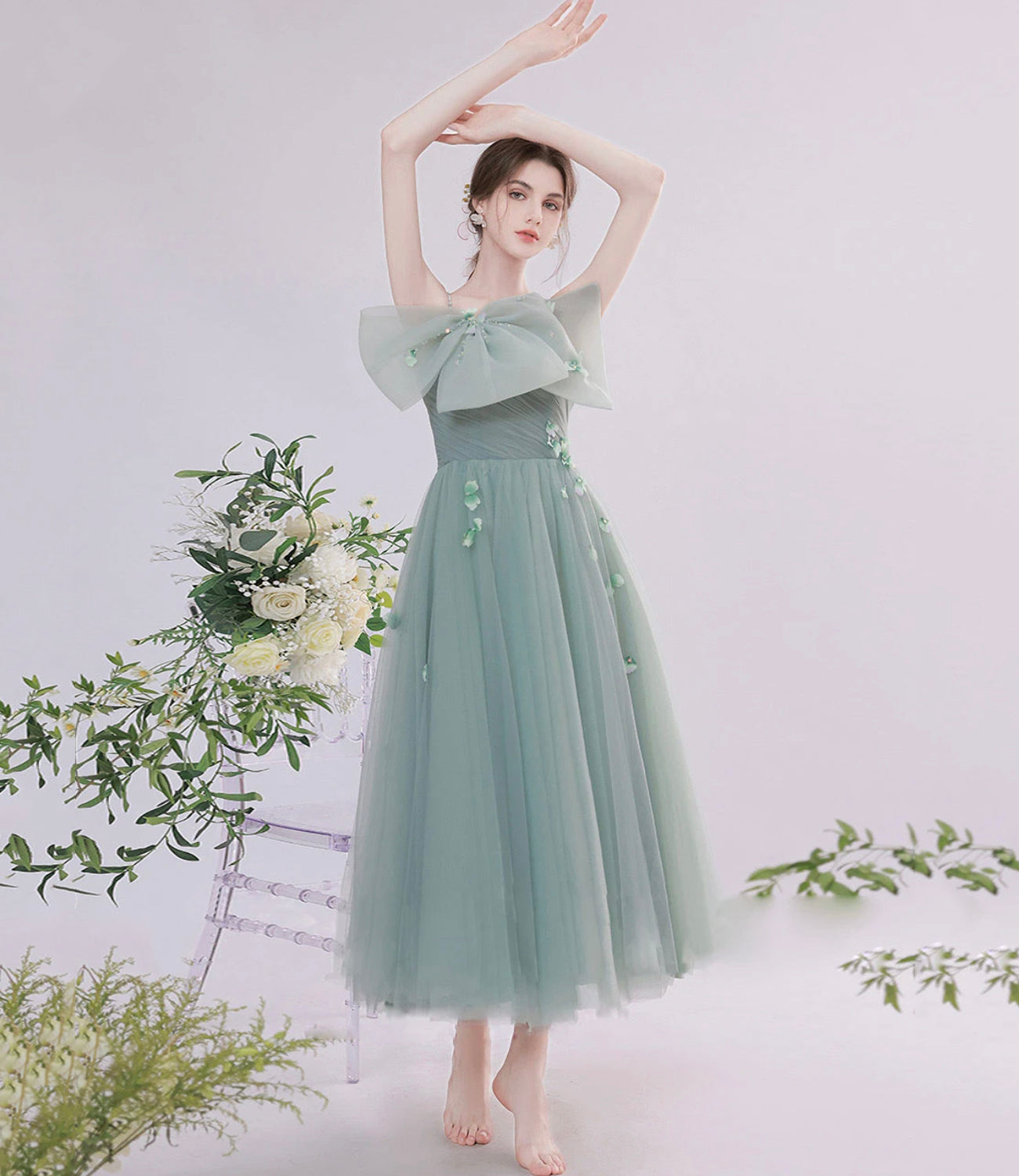 Cute tulle short prom dress green evening dress  8842