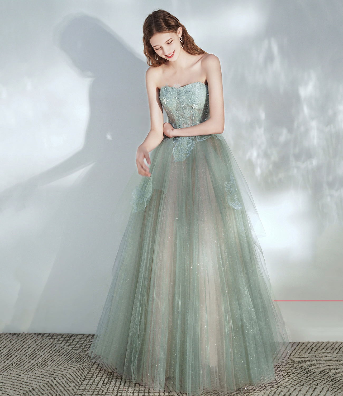 Green tulle lace long prom dress A line evening dress  10379