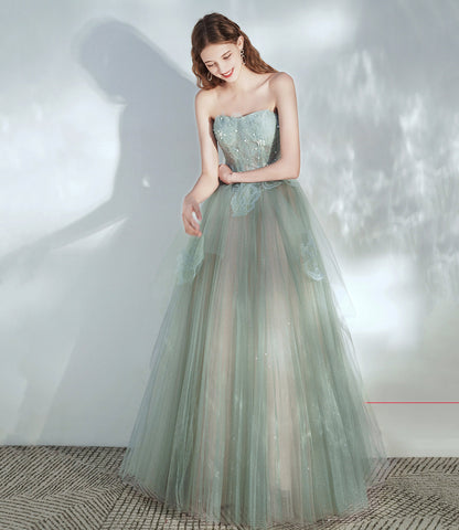 Green tulle lace long prom dress A line evening dress  10379