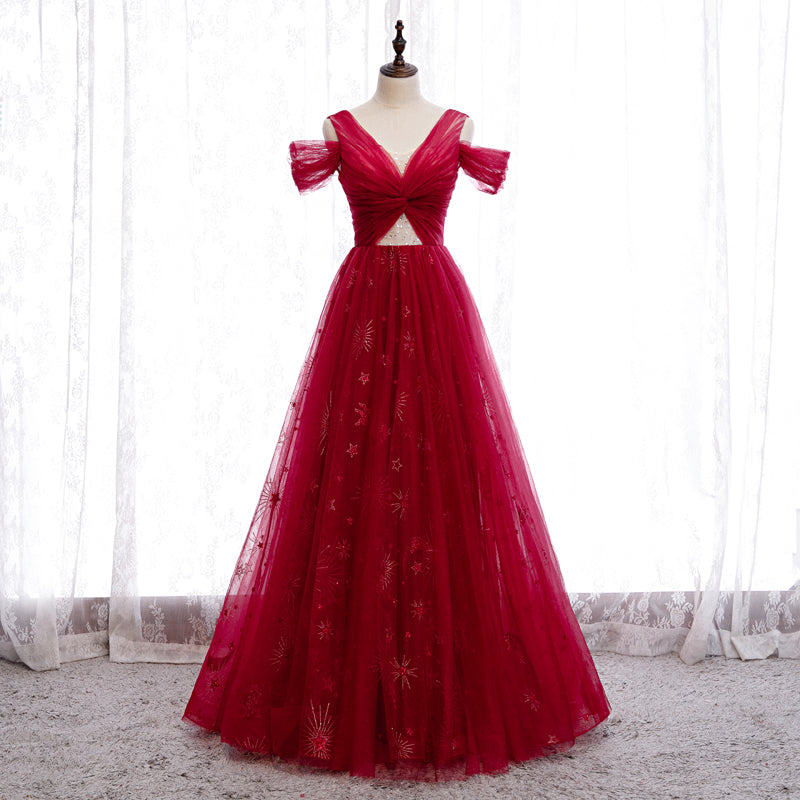 Burgundy tulle beads long prom dress  8260