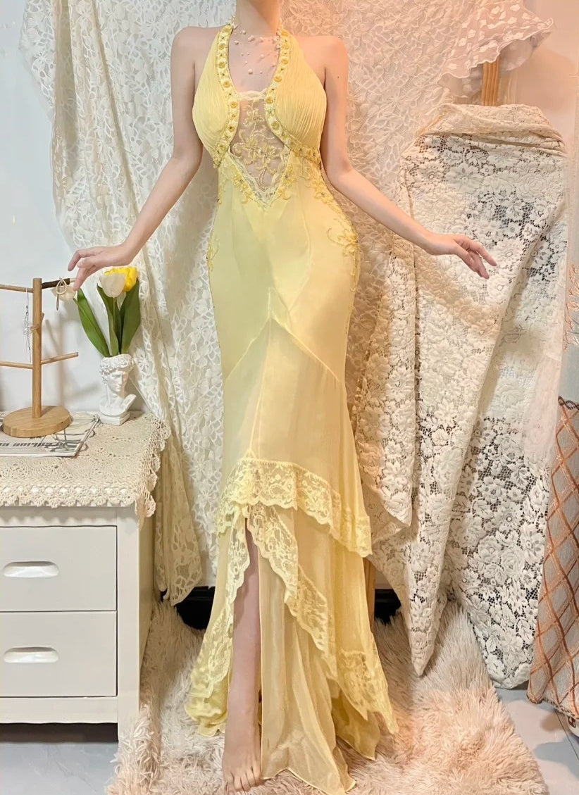 Yellow beaded elegant long chiffon ball gown evening dress party dress gh4467
