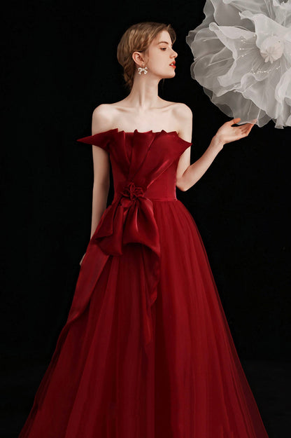 Burgundy tulle long prom dress A line evening dress  10603