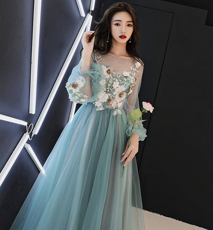 Green lace applique prom dress A line evening dress  8476