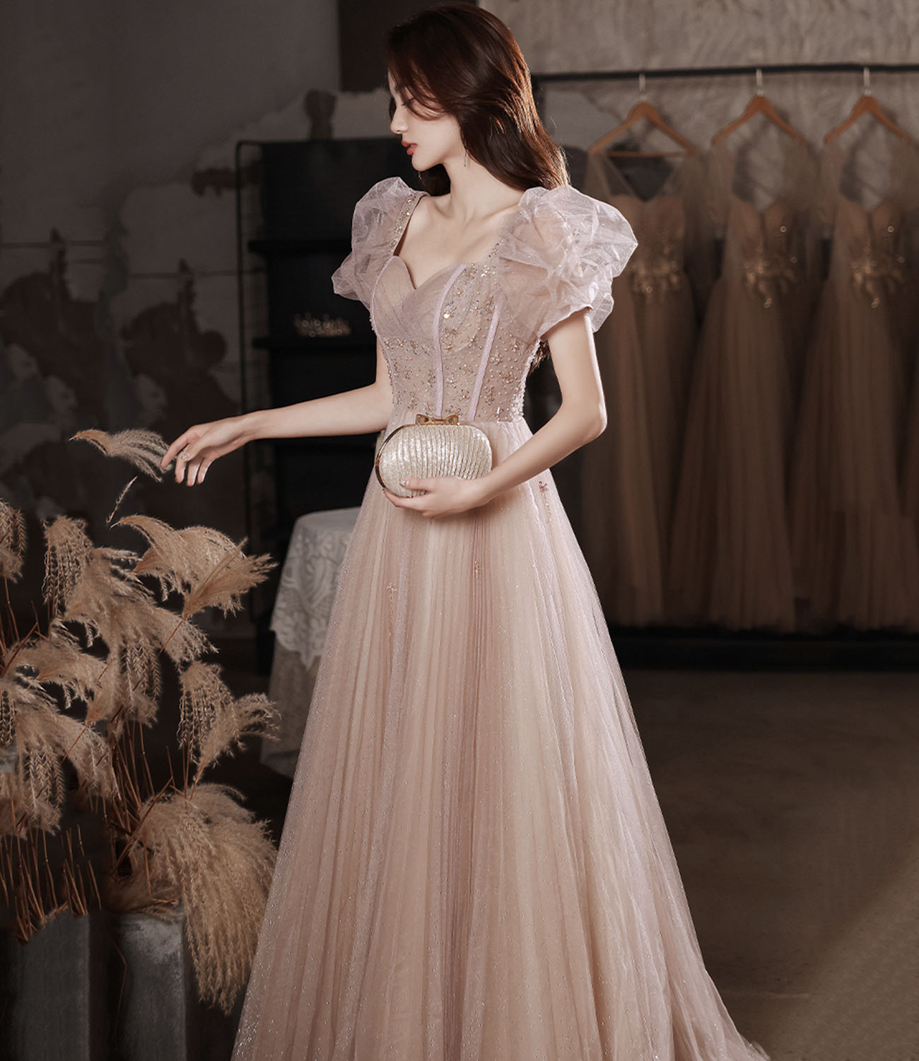 Pink tulle beads long prom dress A line evening dress  10320