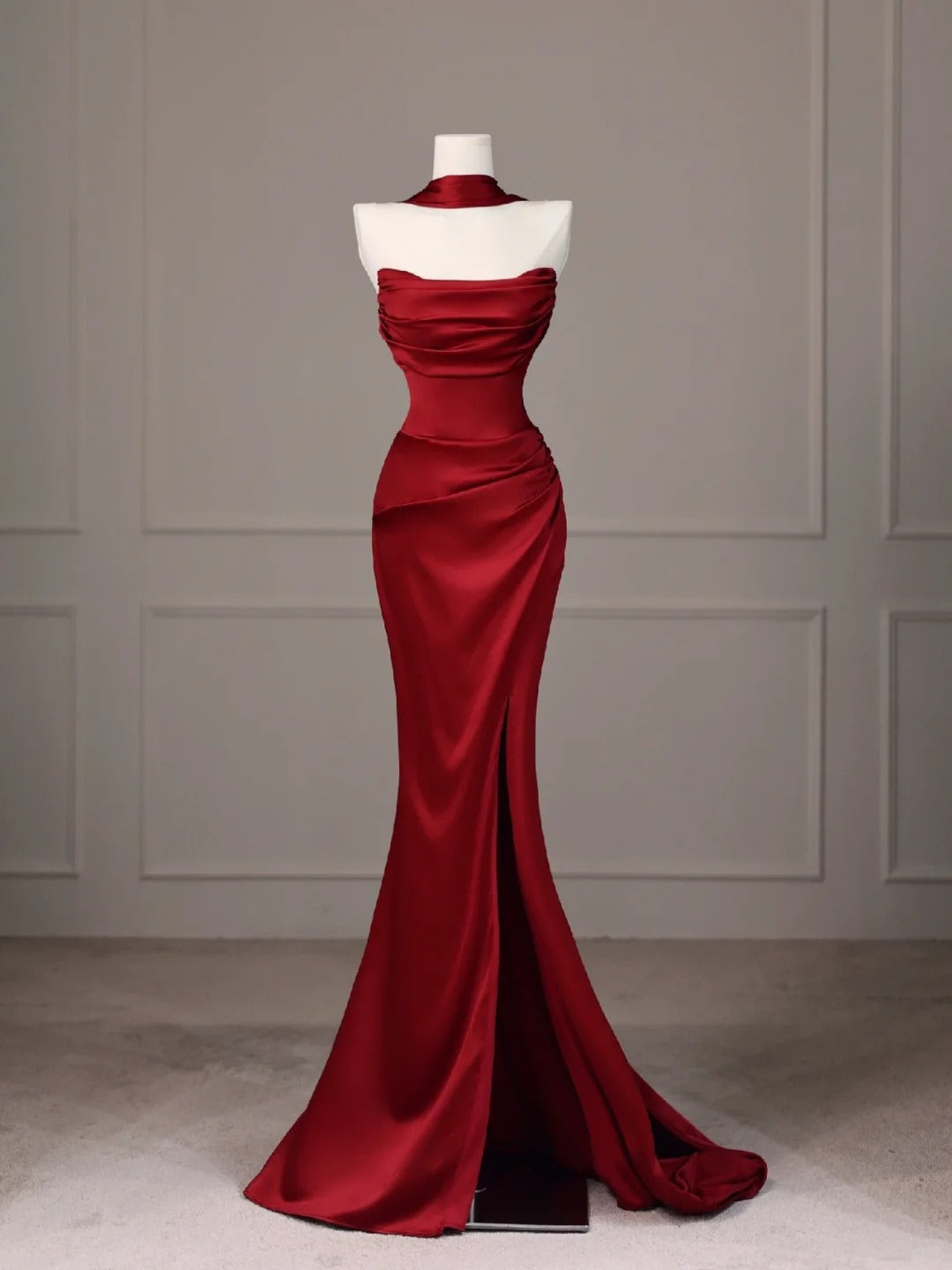 Burgundy fishtail backless long floor-length satin ball gown evening dress gh4546