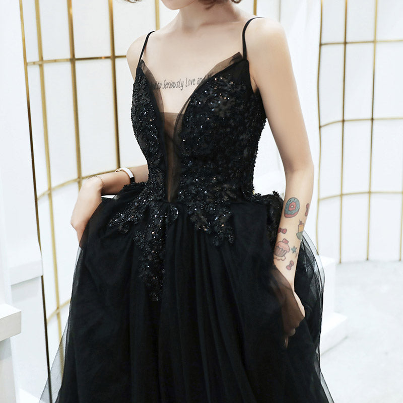 Black v neck tulle beads long prom dress evening dress  8213