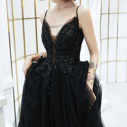 Black v neck tulle beads long prom dress evening dress  8213