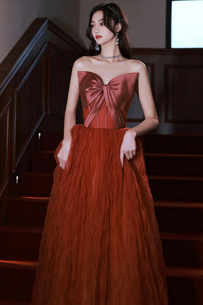 Burgundy satin tulle long prom dress A line evening dress  10649