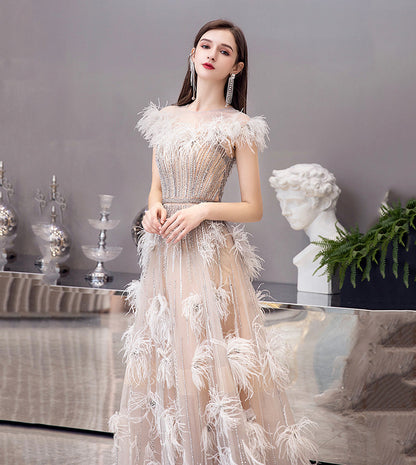 Unique tulle beads long prom dress evening dress  8524