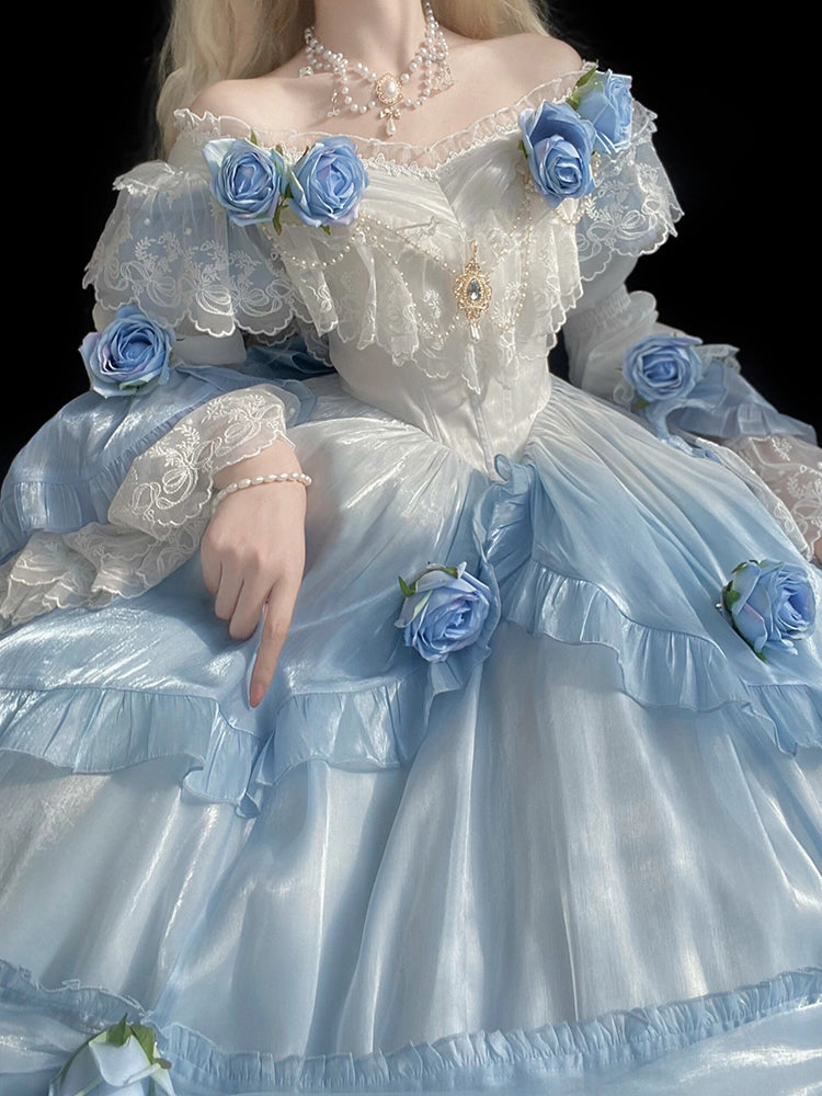 Vintage Ball Gown Off The Shoulder Short Sleeves 16th Blue Birthday Dress Lolita Summer Dress Birthday Outfits W1126