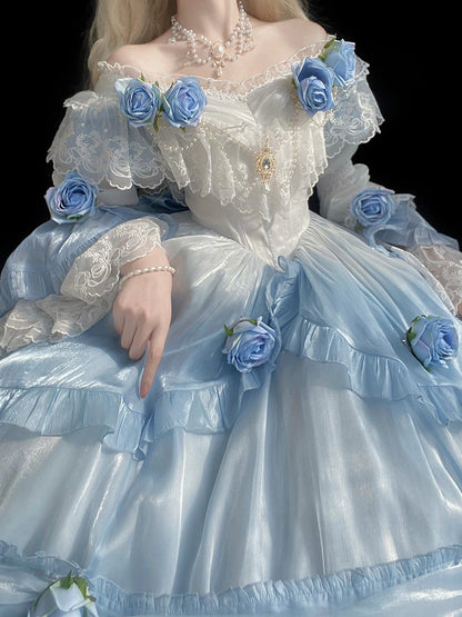 Vintage Ball Gown Off The Shoulder Short Sleeves 16th Blue Birthday Dress Lolita Summer Dress Birthday Outfits W1126