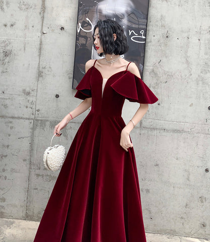 Burgundy velvet long prom dress A line evening dress  10371