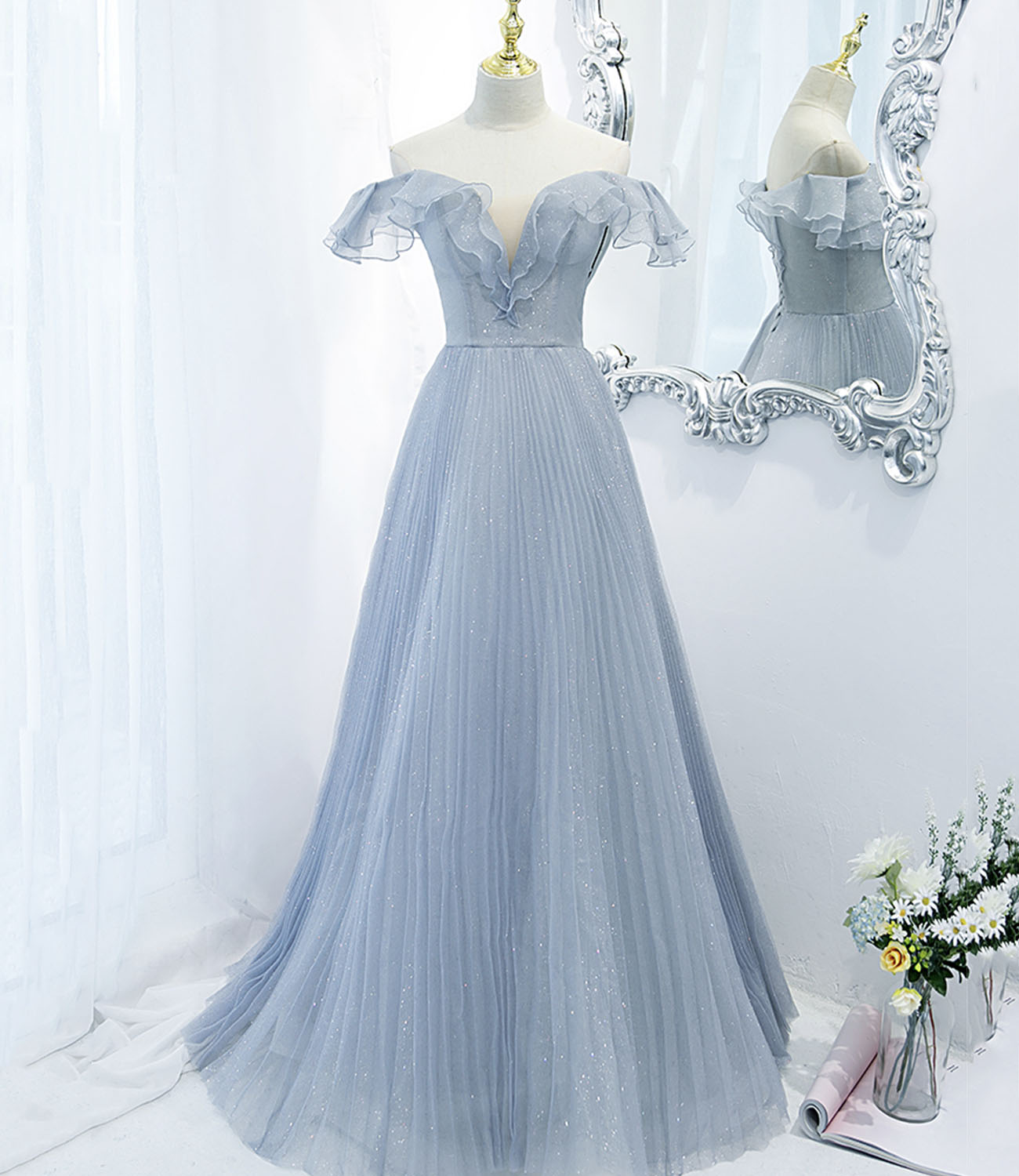 Blue tulle long prom dress blue evening dress  10270