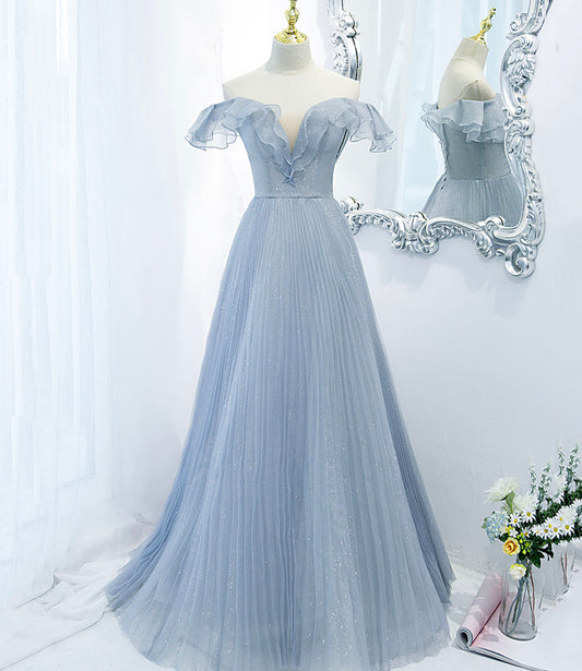 Blue tulle long prom dress blue evening dress  10270