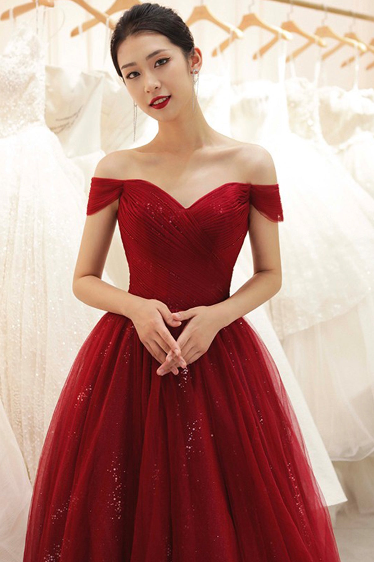 Burgundy tulle long A line prom dress evening dress  8734