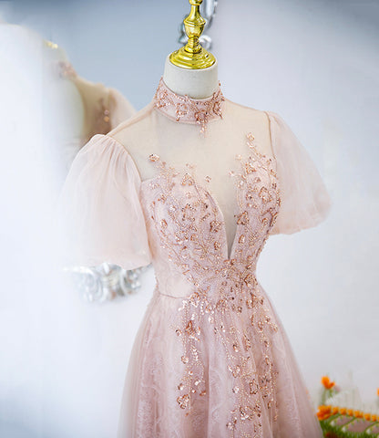 Pink tulle beads long prom dress A line evening dress  10400