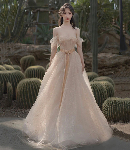 Pink tulle long A line prom dress pink evening dress  8855