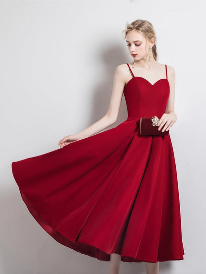 Simple satin short prom dress burgundy evening dress  8346