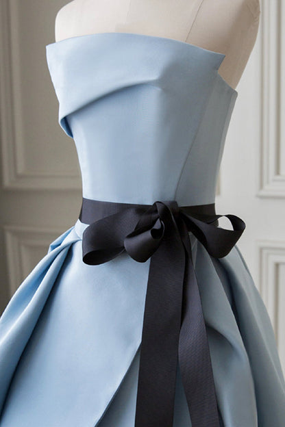 New blue high split prom dress long strapless backless  8642