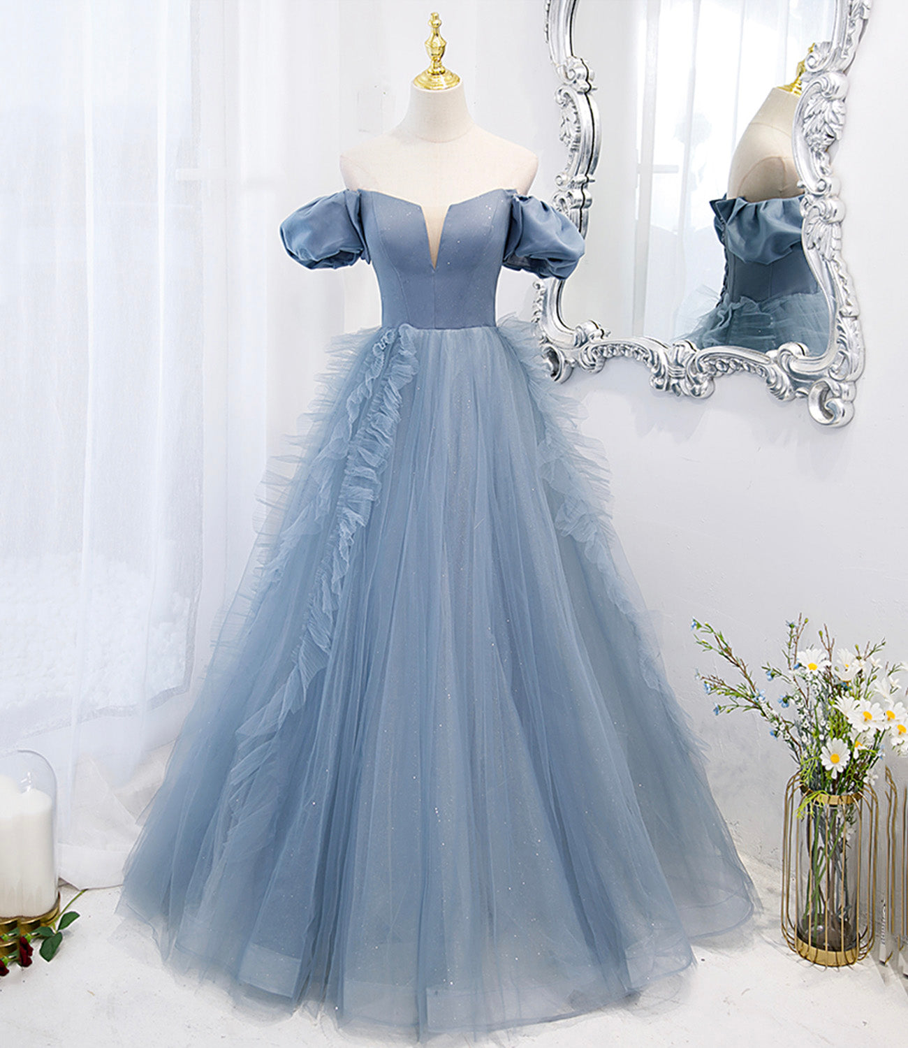 Blue tulle long prom dress blue evening dress  10294