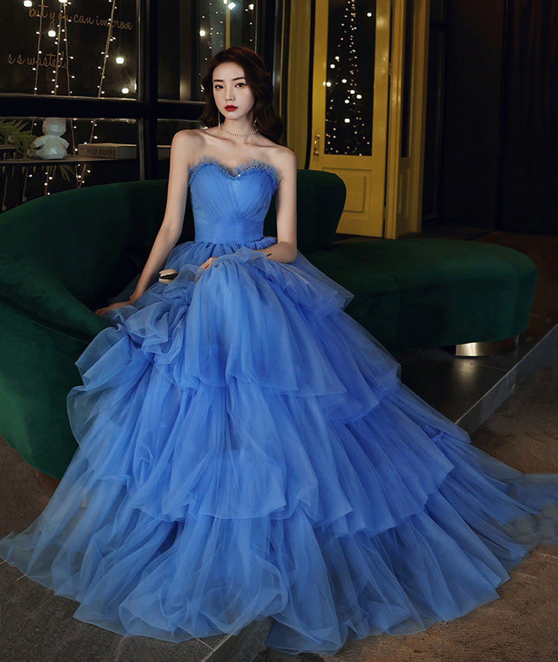 Blue tulle long prom dress blue evening dress  8522