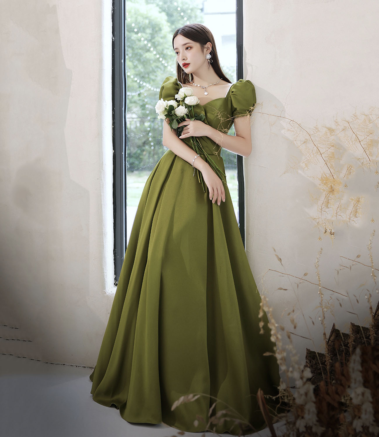 Green satin long prom dress A line evening dress  10431