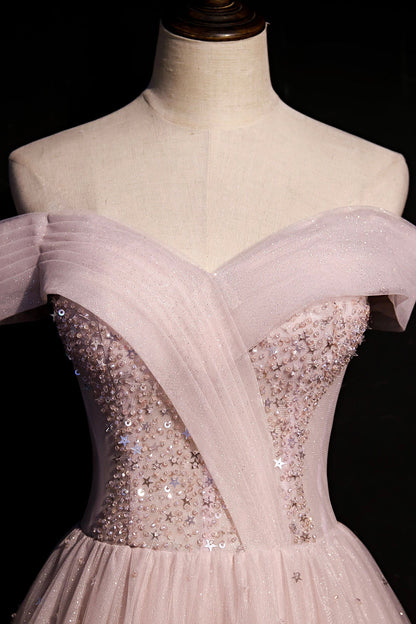 Pink tulle beads long prom dress A line evening dress  8648