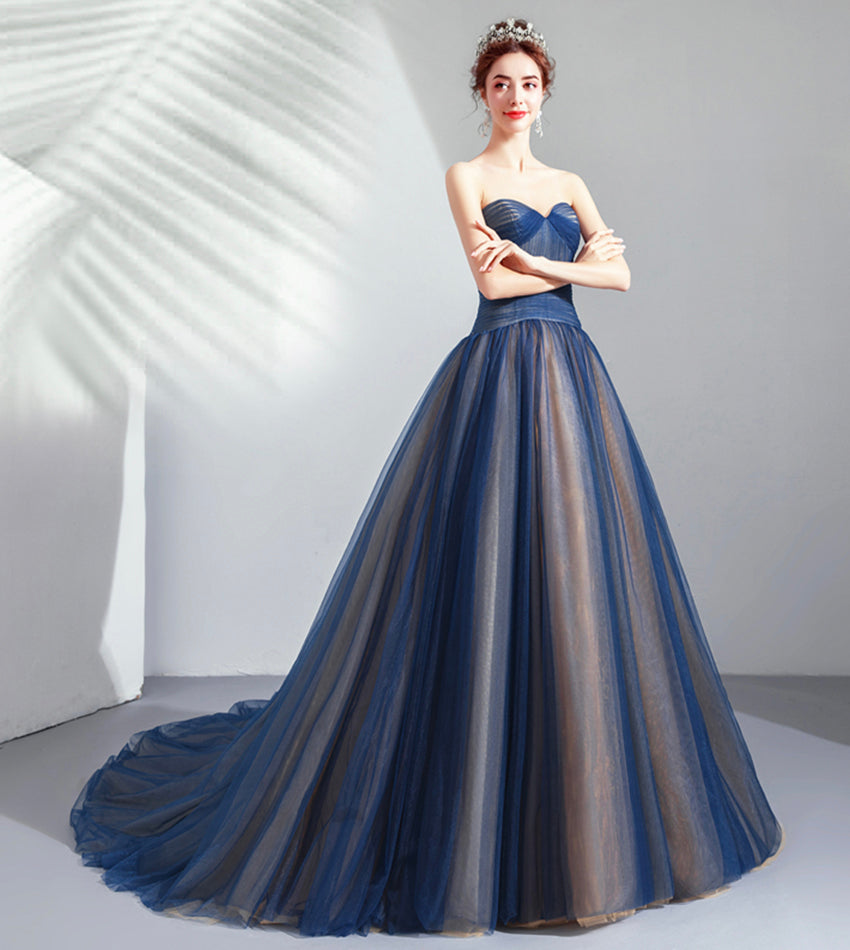 Blue tulle long prom dress blue evening dress  8431