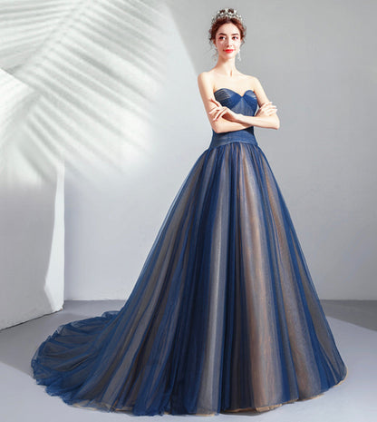 Blue tulle long prom dress blue evening dress  8431