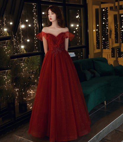 Burgundy tulle beads long prom dress A line evening gown  10481