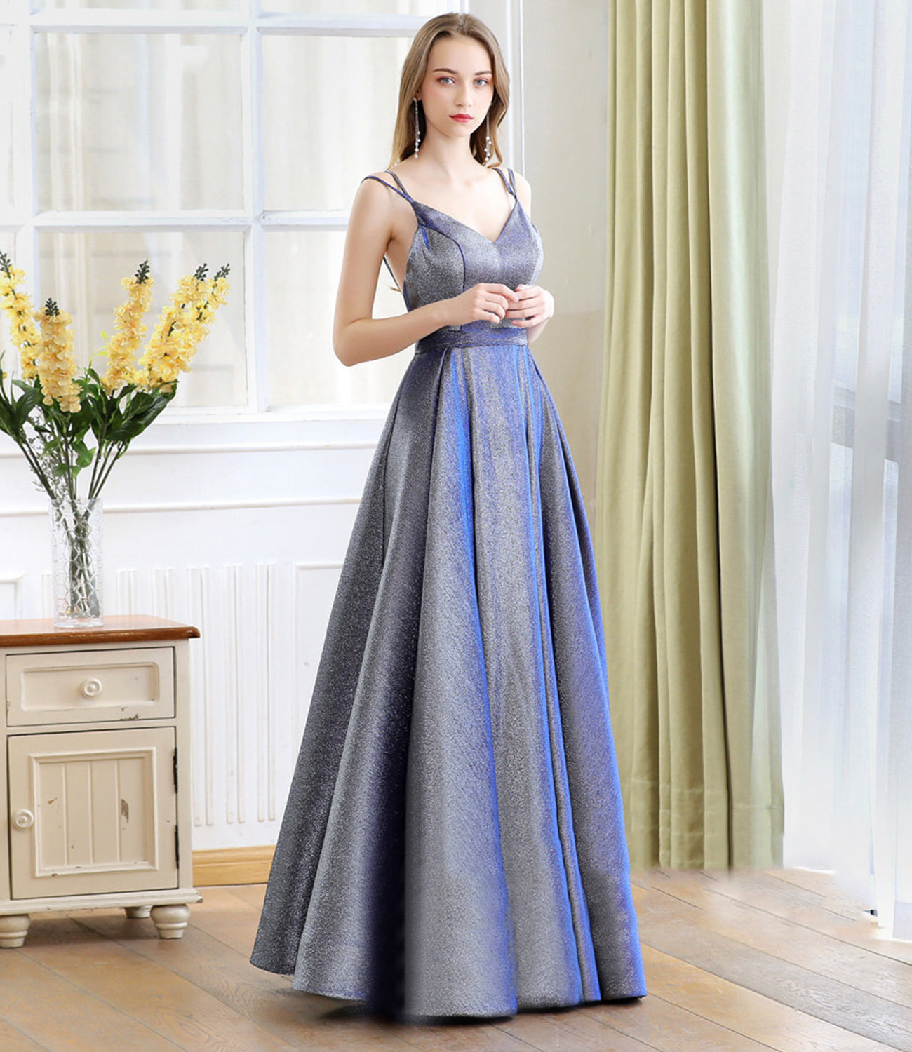 Blue satin long A line prom dress blue evening dress  10235