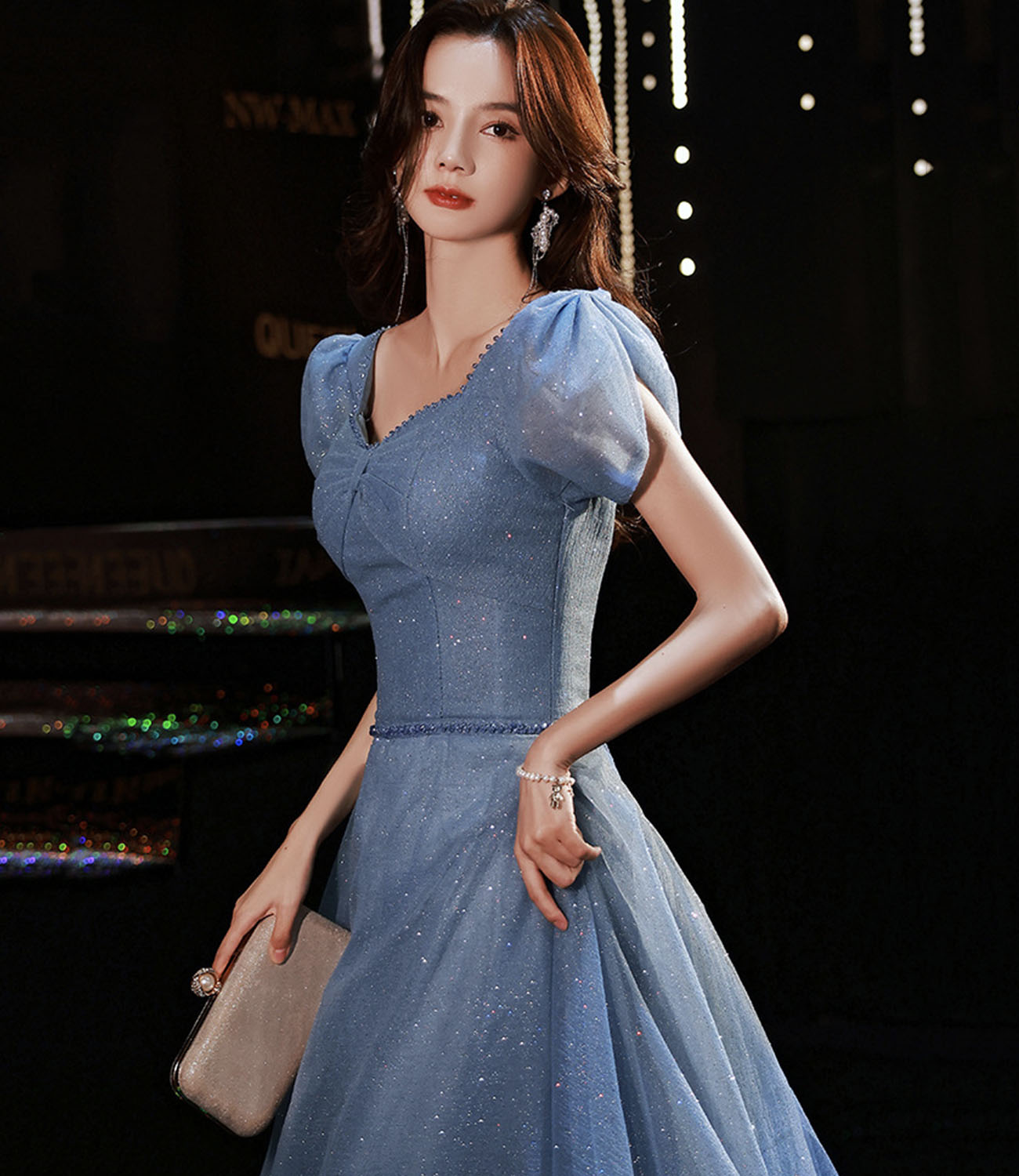 Blue tulle long prom dress blue evening dress  10292