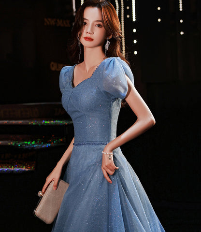 Blue tulle long prom dress blue evening dress  10292