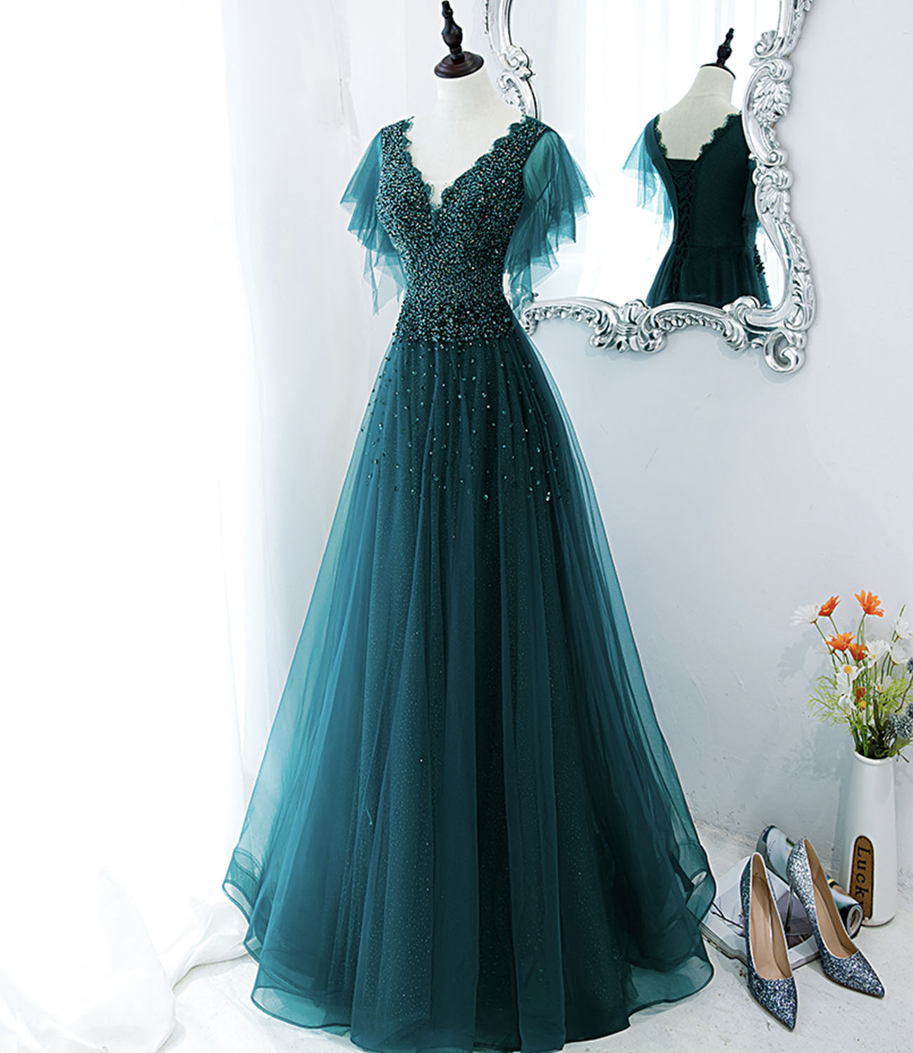 Green tulle beads long prom dress evening gown  10272