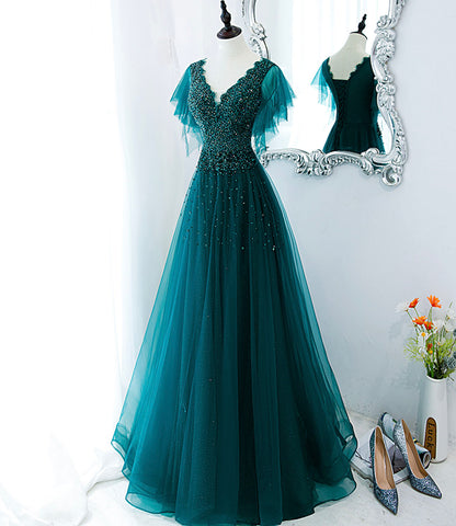 Green tulle beads long prom dress evening gown  10272