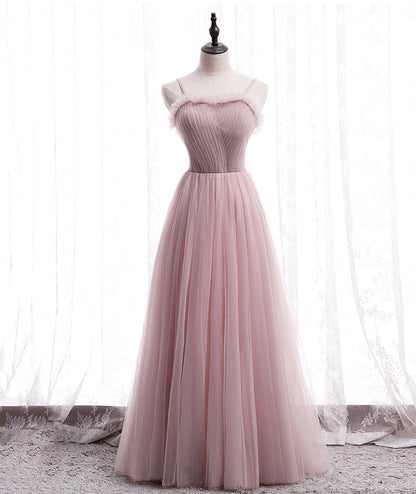 Pink tulle long prom dress simple evening dress  8399