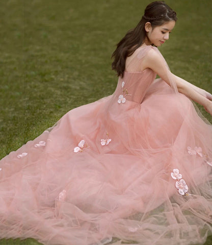 Pink 3D Flowers Long Prom Dress A line Evening Dress  10466