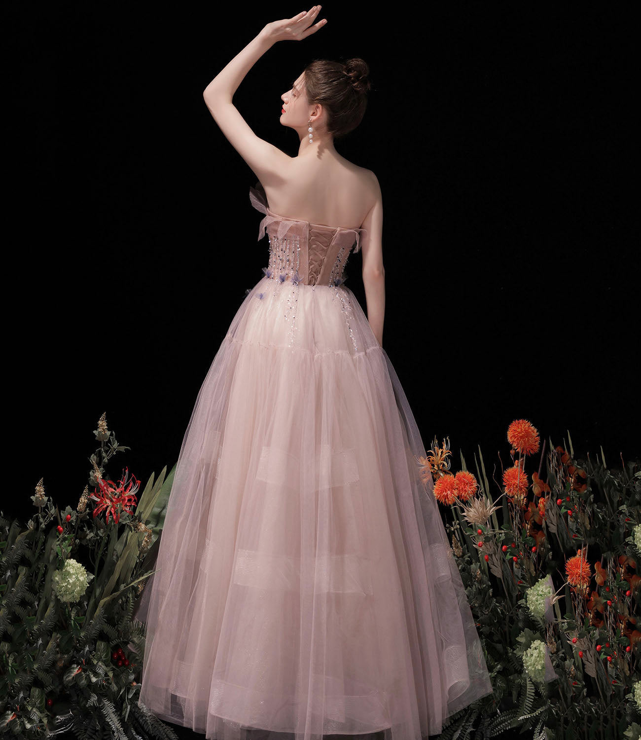 Pink tulle beads long prom dress A line evening dress  10429