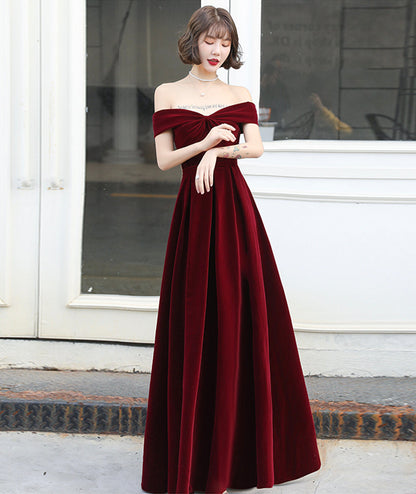 Burgundy velvet long prom dress evening dress  8406