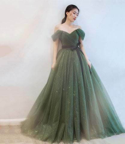 Green tulle long prom dress A line evening dress  10163